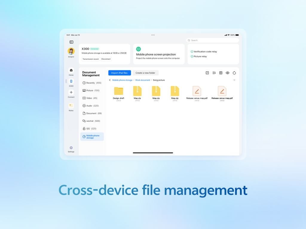 Interface of the vivo Office Kit app on an iPad showing cross-device file management and synced mobile folders