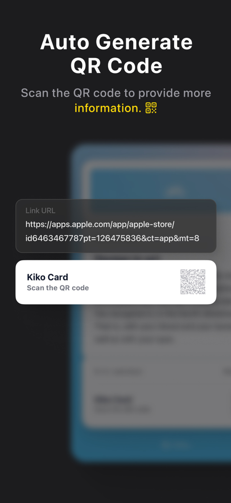 Kiko Card:Text Post & Carousel - Interface of Kiko Card app showing the auto generate QR code feature from a link URL.