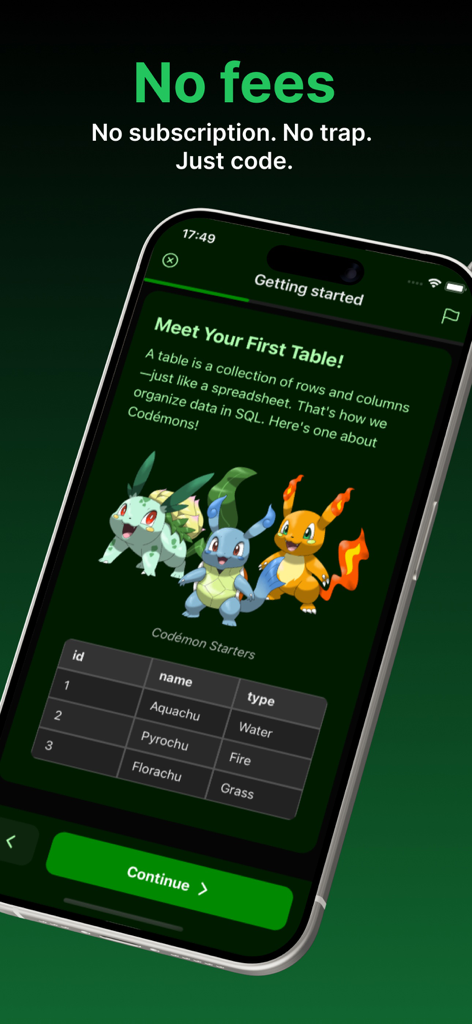 CodeLife - Learn to code - CodeLife app screenshot showing a gamified SQL table lesson with characters and a no subscription fees message