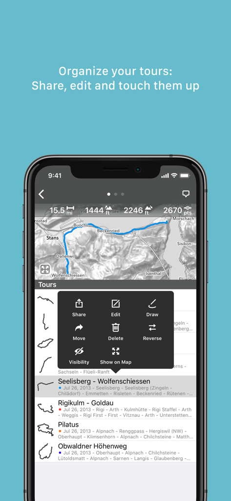 MapOut app interface showing a list of saved tours and a menu with options to share edit and draw routes on a map