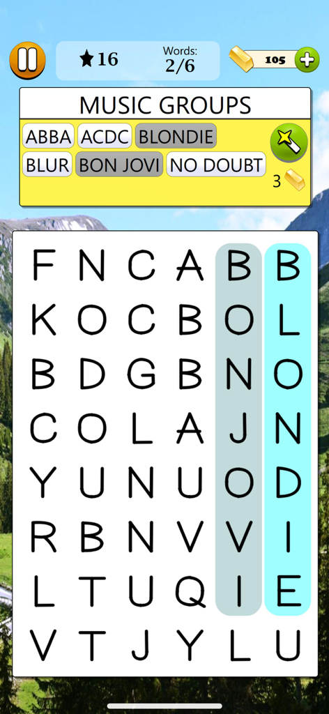 Word Search - Word Game - 그림 같은 산 배경에 강조 표시된 유명 그룹 이름이 있는 그리드가 있는 단어 검색 모바일 게임 인터페이스.