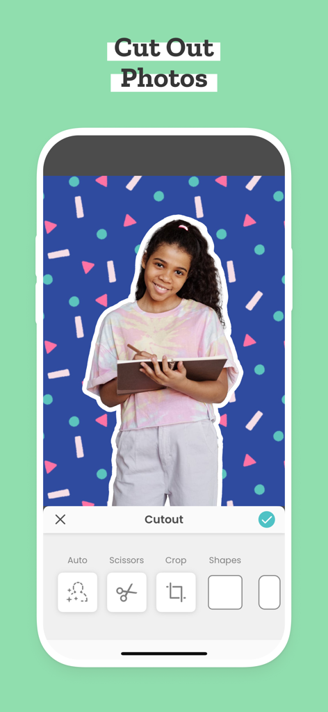 PicCollage EDU Collage Maker - A mobile app screen showing the cutout photo feature with a student holding a notebook against a patterned background