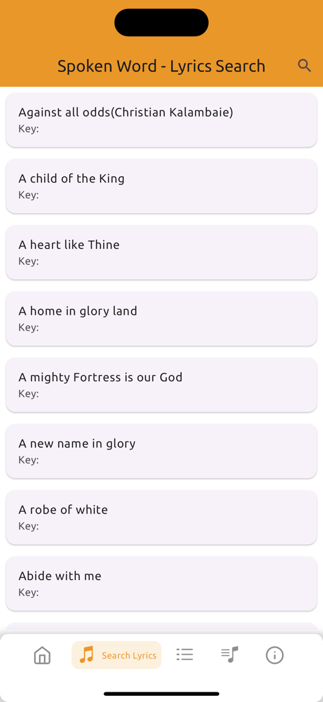 A search screen for the Spoken Word Songbook app showing a list of Christian hymns