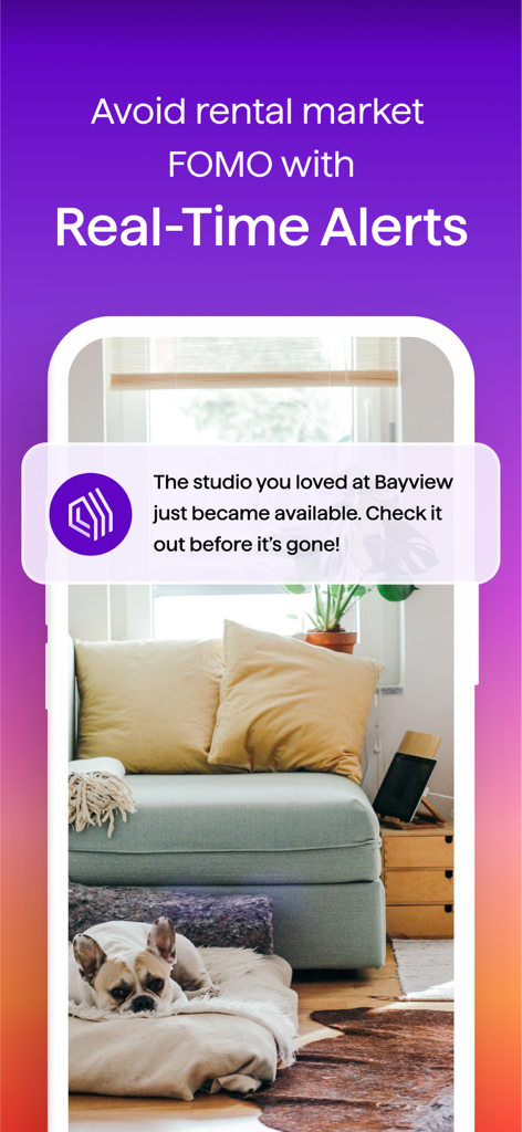 Tela de smartphone mostrando uma notificação em tempo real para uma unidade de apartamento disponível no aplicativo Apartment List.