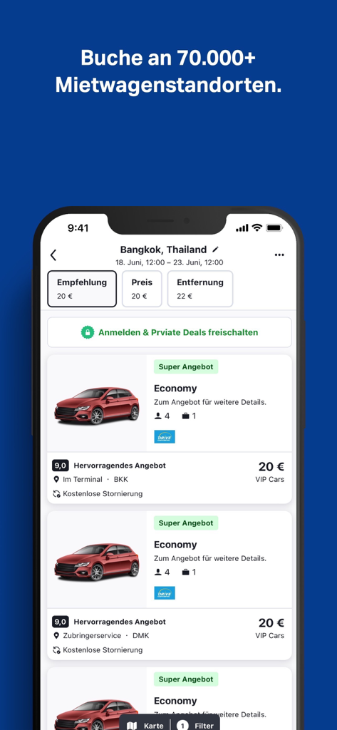 SWOODOO mobile app interface showing car rental options and deals in Bangkok