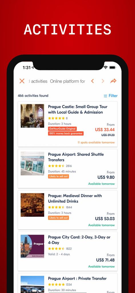 Prague Travel Guide . - 모바일 앱 화면, 프라하의 예약 가능한 투어 및 활동 목록 표시