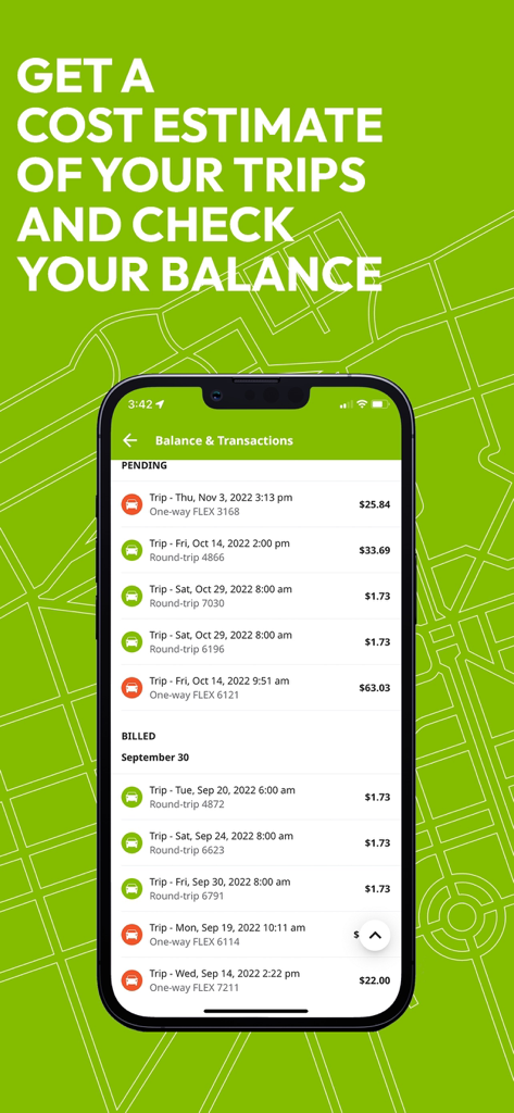 Un écran de téléphone portable montrant une liste des trajets récents en autopartage et leurs prix