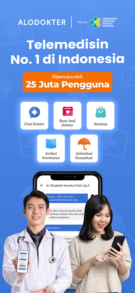 Alodokter: Chat Bersama Dokter - Alodokter mobile app home screen showing telemedicine services like doctor chat and appointment booking in Indonesian language