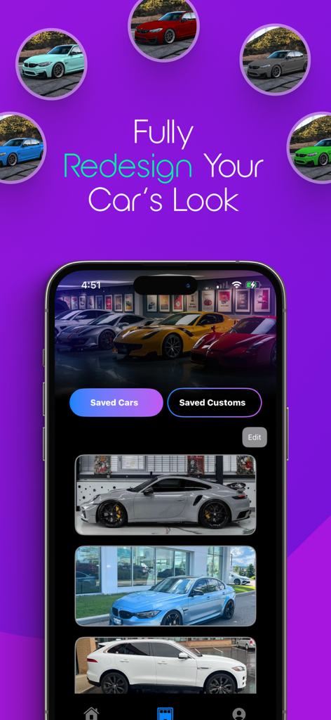 AutoStyle.AI Modify your Car - AutoStyle AI app interface showing saved car customizations and redesign options