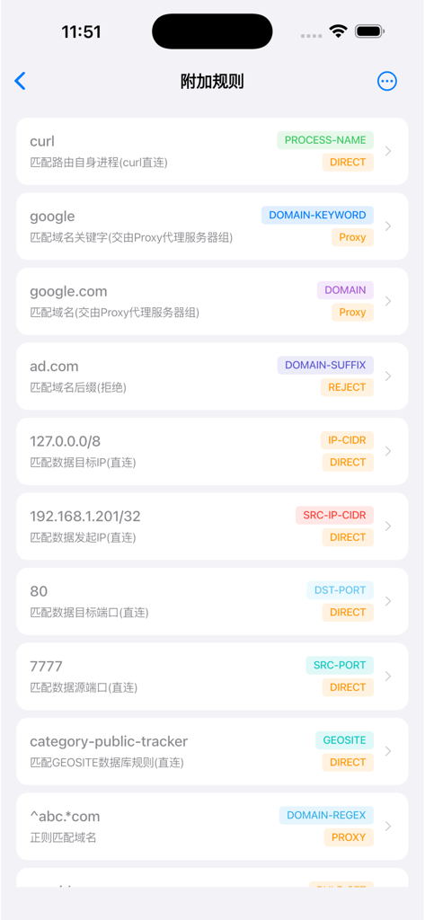 A screen from the Clash Mate app showing a list of network routing rules including domain, IP, and port based filters.