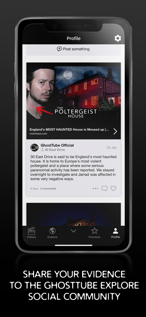 A smartphone screen showing the GhostTube SEER social community feed where users can share paranormal evidence and investigation posts