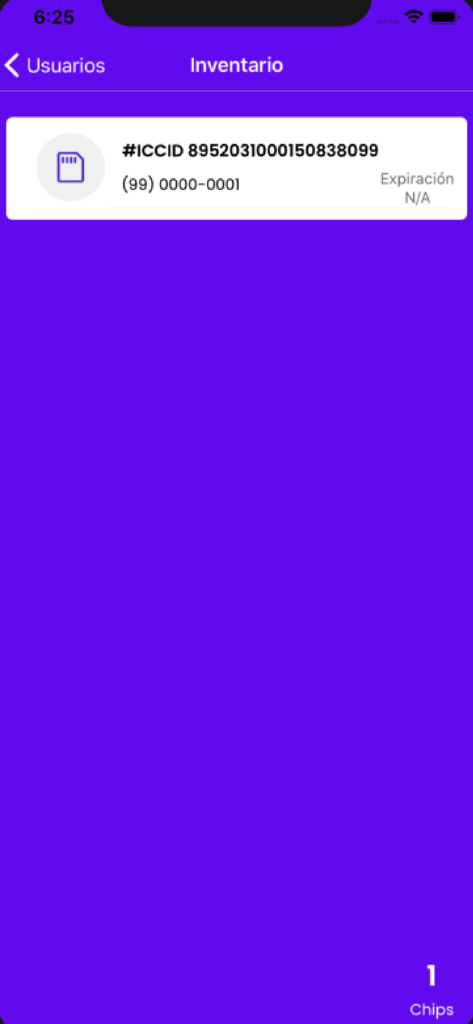 Simtools mobile App-Bestandsverwaltungsbildschirm, der einen SIM-Karten-Chip mit ICCID-Details und Gesamtzahl anzeigt.