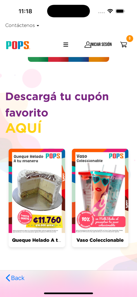 Helados Pops - Helados Pops app screen showing digital coupons for ice cream cake and collectible cups