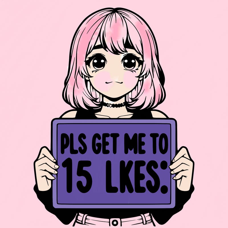 realistic girl holding up a sign that says “pls get me to 15 likes!”