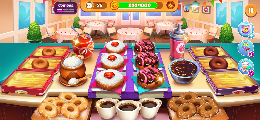 Kitchen Craze Cooking Games - Gameplay screenshot of Kitchen Craze showing a colorful donut shop level with various pastries and coffee