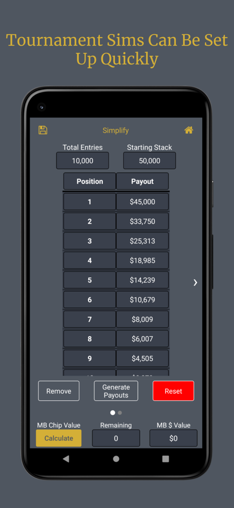 MB Poker Calculator - Interface for setting up tournament payouts in the MB Poker Calculator app