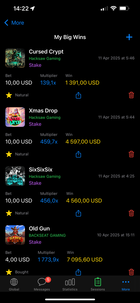 TrackNbet - A list of big casino wins on the TrackNbet app showing game titles bet amounts and win multipliers