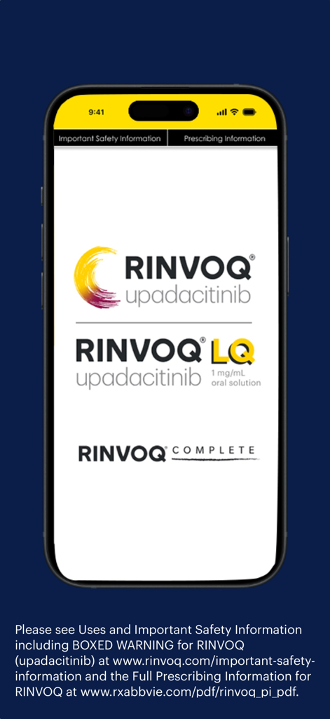 Complete - Medication Tracker - Rinvoq medication branding and safety information screen within the Complete Medication Tracker app