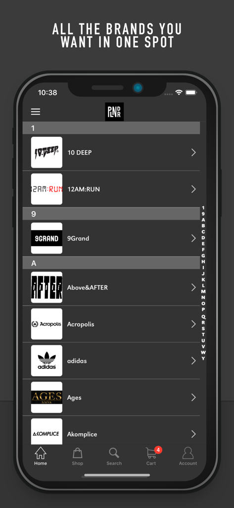 Una interfaz móvil de la aplicación PLNDR que muestra un directorio alfabético de marcas de ropa urbana, incluyendo adidas y 10 Deep.