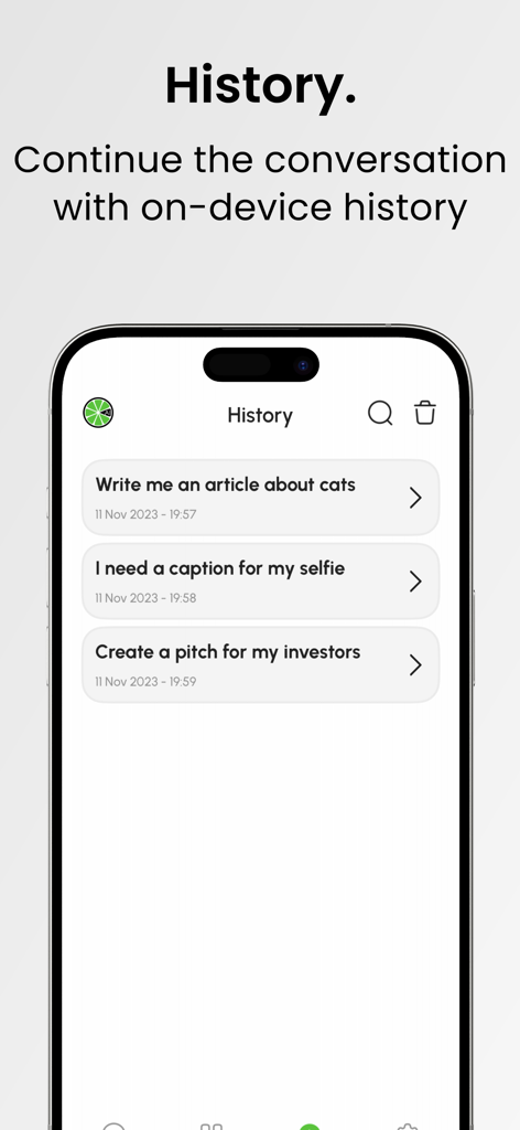Citrus AI app interface displaying a list of previous chat history on an iPhone.