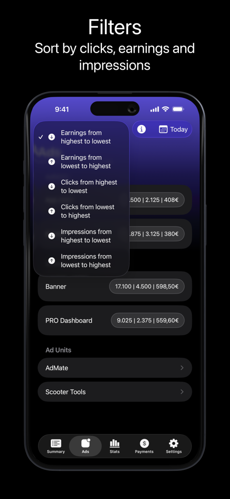 AdMate 앱 인터페이스로 수입, 클릭 및 노출별 광고 수익을 정렬하는 메뉴를 표시합니다.