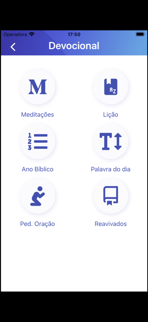 Bíblia Adventista de Estudos - Devotional menu interface of the Adventist Study Bible app in Portuguese showing options for meditations lessons and prayer requests