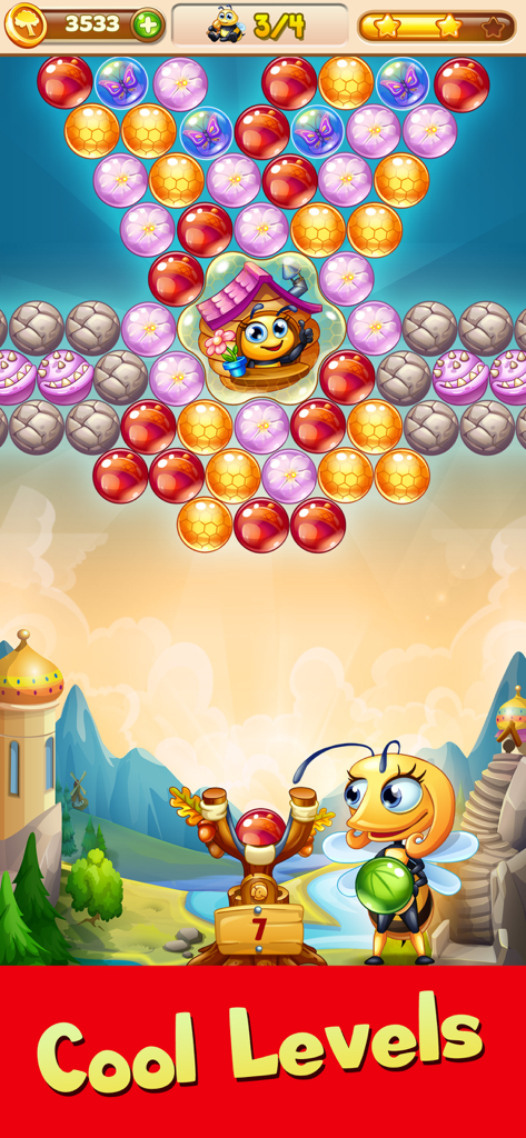 Forest Rescue: Bubble POP - Schermata di gioco colorata di uno sparatutto di bolle dove un personaggio ape usa una fionda per far scoppiare bolle e salvare amici