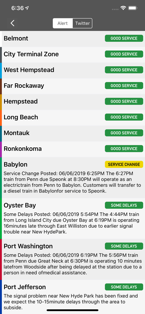A screen showing real-time LIRR service status alerts and delay information for various train lines
