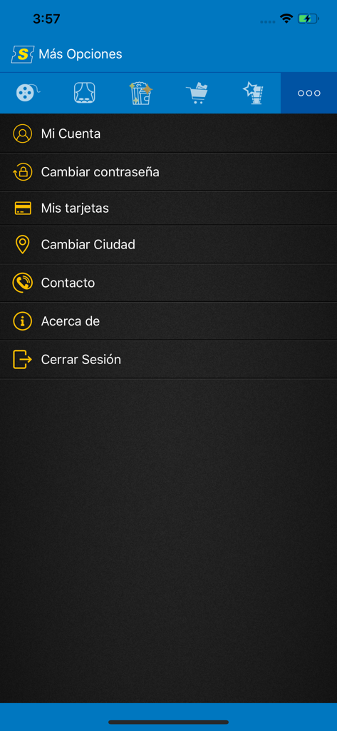 Supercines - Supercines app more options screen showing account settings and city selection