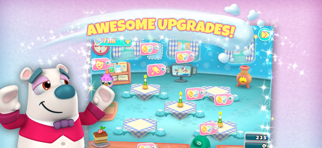 Penguin Diner 3D: Cooking Game - Penguin Diner 3D game interior showing various restaurant upgrades and a polar bear character