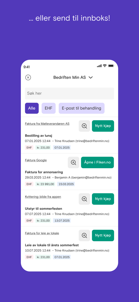 Fiken - Inbox view of the Fiken app showing categorized receipts and invoices