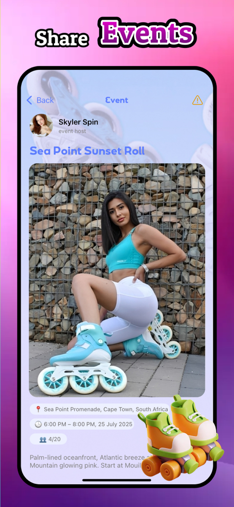 Zupo: Skate Now - A mobile screen from the Zupo app showing details for a sunset roller skating event with a featured photo and location info