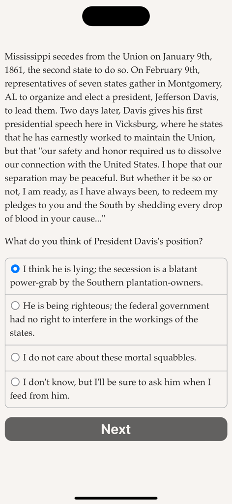 A text based gameplay screen from Choice of the Vampire featuring a historical decision during the American Civil War