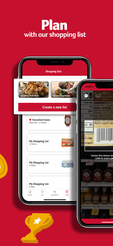Winn-Dixie app interface for creating shopping lists and scanning product barcodes