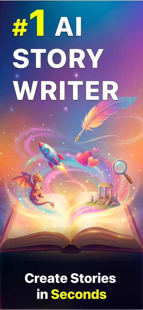 판타지 및 모험 아이콘이 있는 Novel AI 스토리 생성기를 위한 마법 책 그래픽.