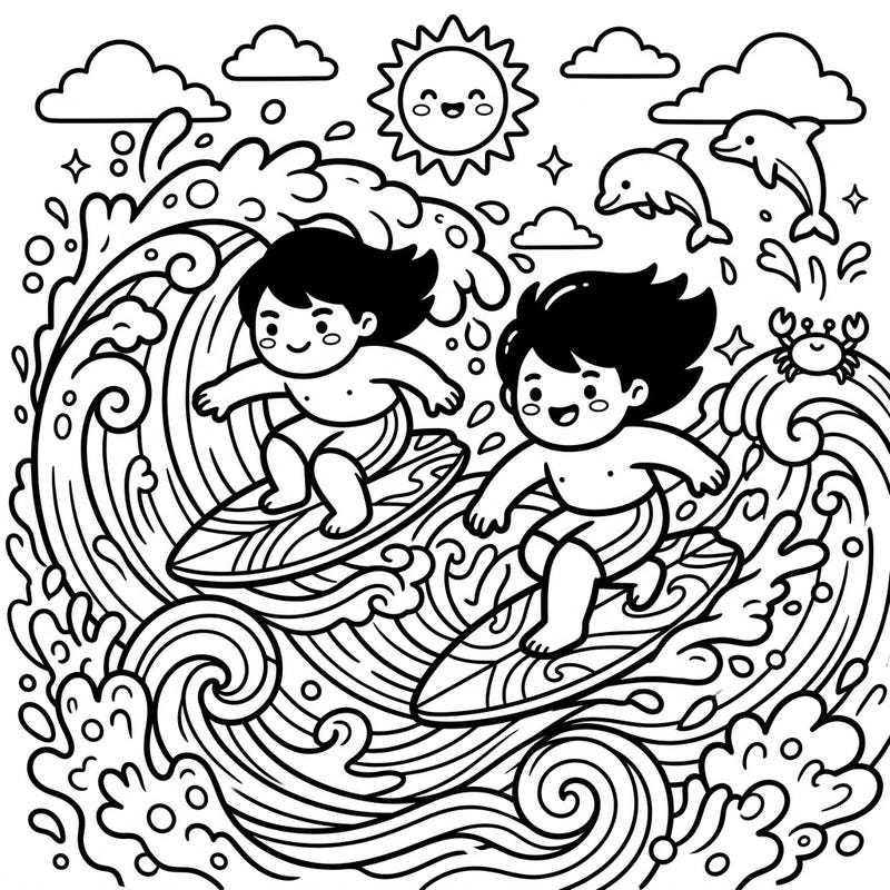 Catch some adorable waves with this delightful Kawaii Surfers coloring page. Two cute characters are expertly balancing on their boards amidst a lively ocean scene, promising hours of creative fun.