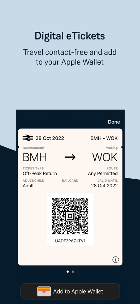 South Western Railway - Um bilhete de comboio digital na aplicação South Western Railway mostrando um código QR e um botão Adicionar à Apple Wallet