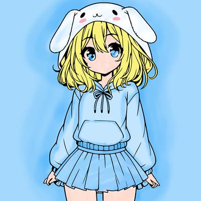 pretty anime girl wearing a fluffy hoodie with bunny ears on the hood and a skirt