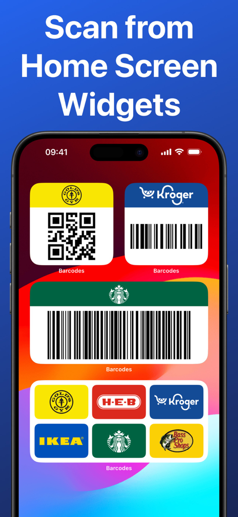 Barcodes: Loyalty Card Wallet - クイックスキャン用のさまざまなロイヤルティカードバーコードと店舗ロゴウィジェットが表示されたiPhoneのホーム画面