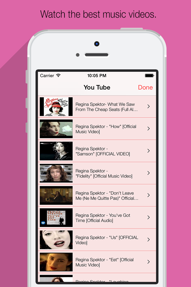 My Music - Your list of favorite artists, and bands. - Captura de pantalla de la aplicación Mi Música que muestra una lista de videos musicales de Regina Spektor de YouTube en un iPhone