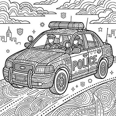 Engage in a sophisticated coloring experience with this intricate police patrol car design. Featuring complex patterns and detailed elements, it's perfect for adult colorists seeking a rewarding challenge.