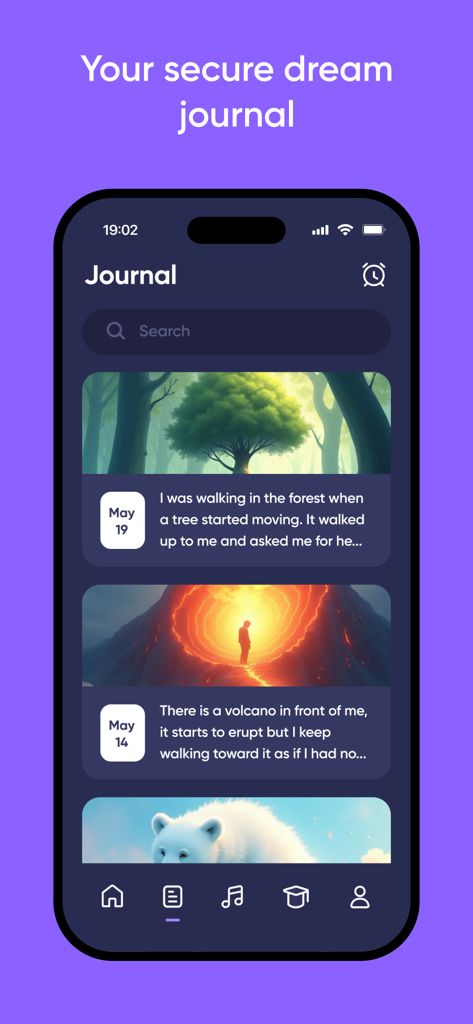 Dreamly: Dream Interpretation - Interface of the Dreamly app showing a secure dream journal with AI-generated images and written dream entries.