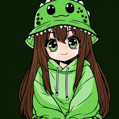 girl with anime shaped eyes with a dinosaur bucket hat oversized sweatshirt long straight hair