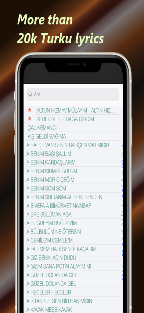 Baglama Tuner - Una lista de búsqueda de más de veinte mil letras de Türkü dentro de la aplicación Baglama Tuner