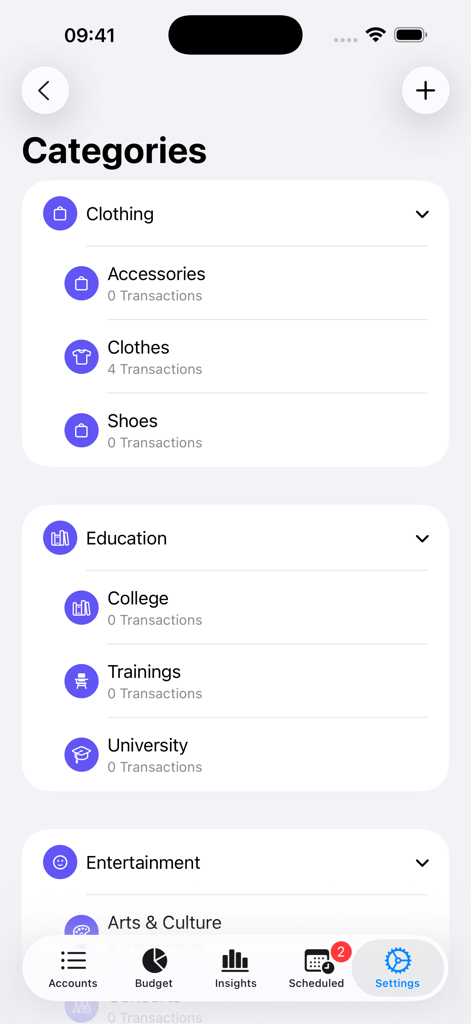 Indigo Money app interface displaying list of expense categories like clothing and education