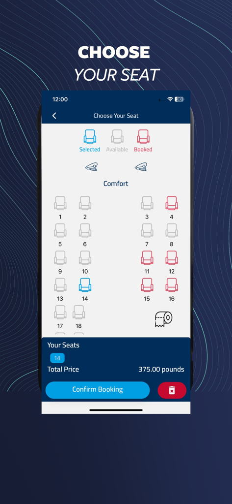 Blue-Busアプリで利用可能および予約済みの座席レイアウトを表示するバス座席選択インターフェース
