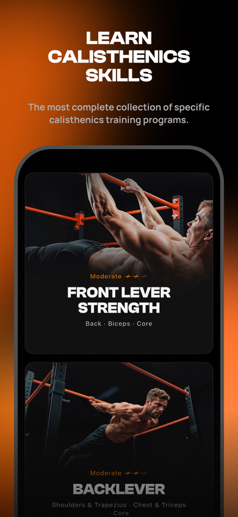 Calisteniapp: Fit & Strong - Mobile App-Bildschirm zeigt fortgeschrittene Calisthenics-Trainingsprogramme für Front Lever- und Back Lever-Fähigkeiten
