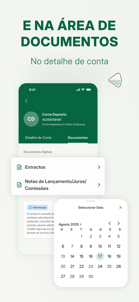 CA Mobile Empresas - Interfaz de la aplicación CA Mobile Empresas que muestra la sección de documentos digitales y un calendario de selección de fechas para extractos bancarios