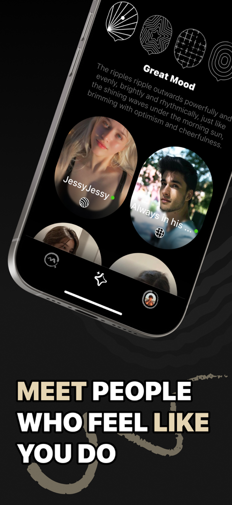 SoulSync: Connect Beyond Words - SoulSync app interface showing user profiles matched by their current emotional state