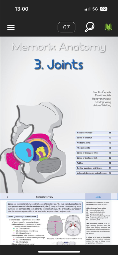 Memorix Anatomy and Histology - Una pagina dall'ebook Memorix Anatomy che mostra il capitolo Articolazioni con diagrammi e testo clinico.